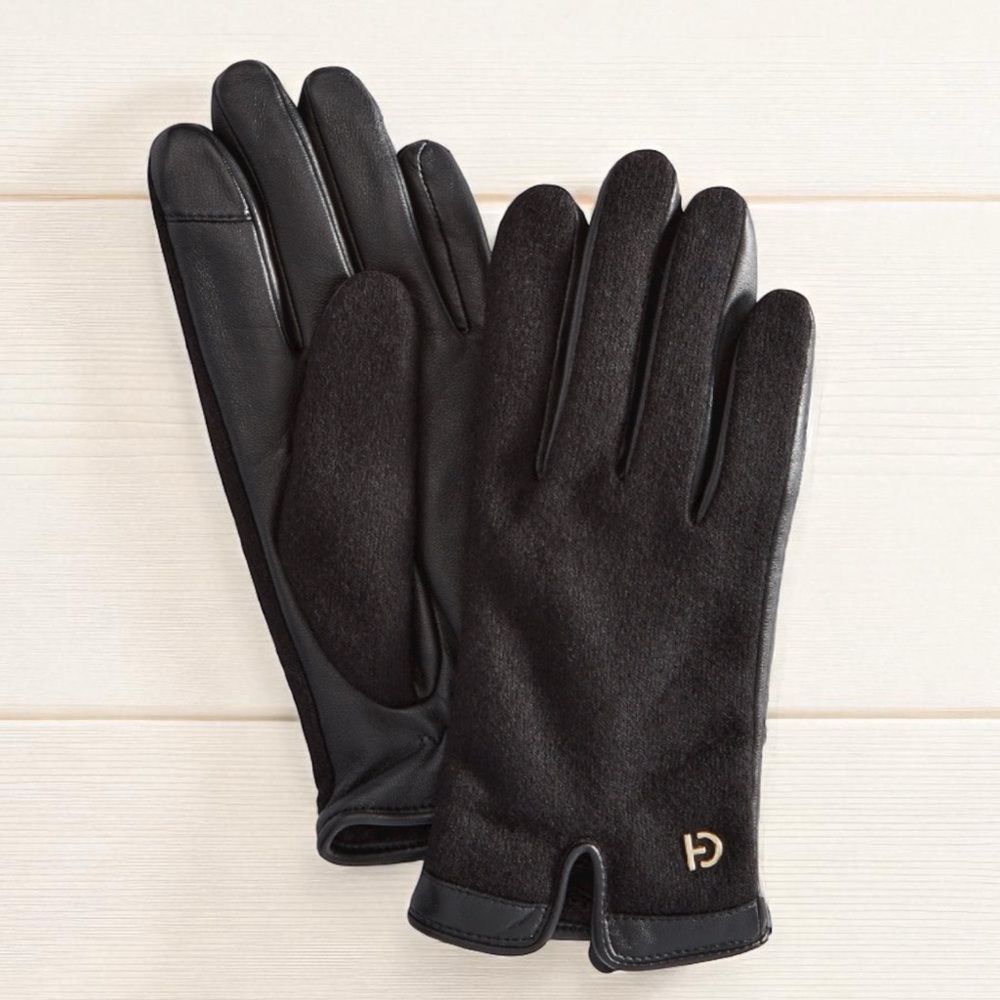Cole Haan Woven Backed Gloves TOUCHSCREEN Leather Glove in Black MEDIUM NWT